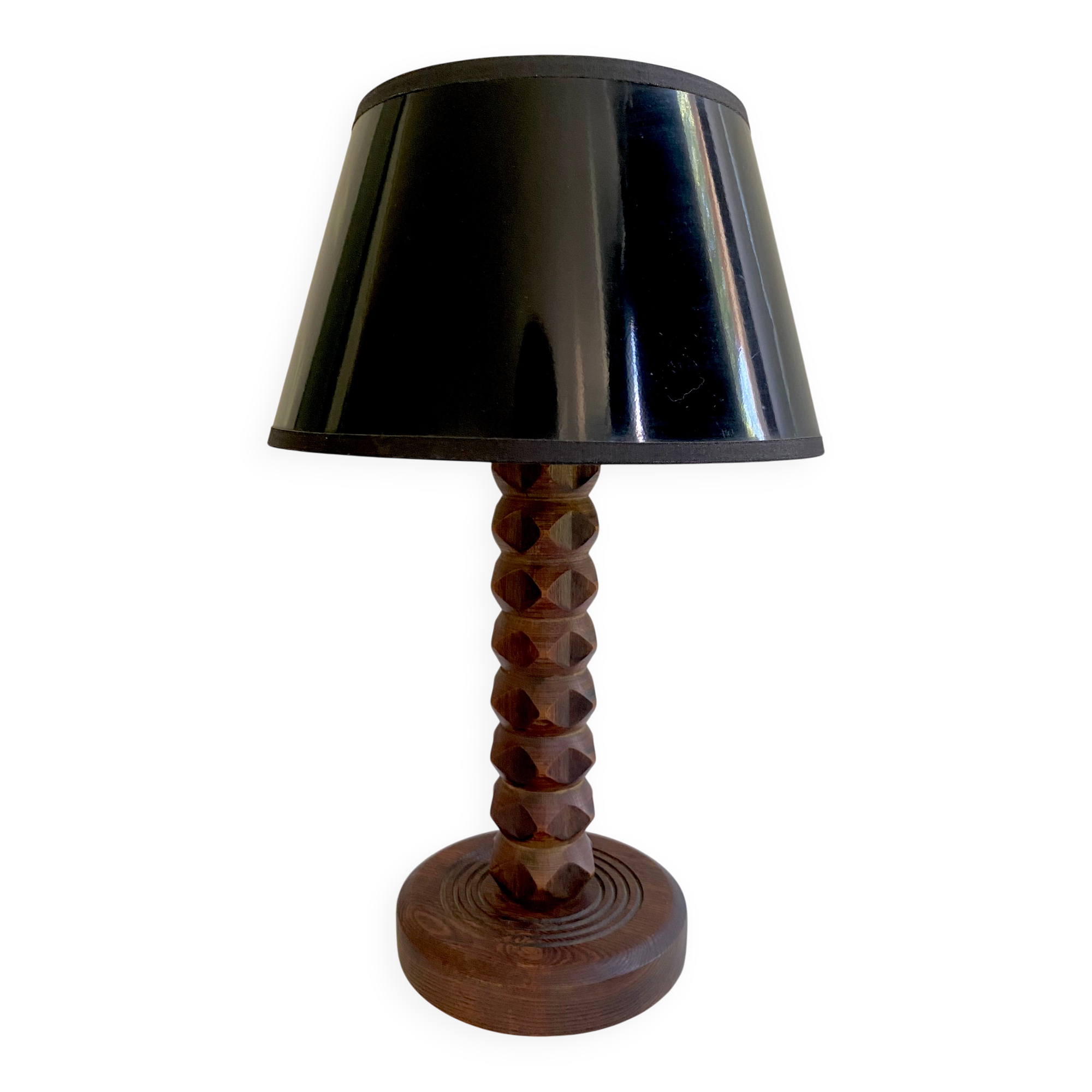 Lampe bois taillé, câble tissu neuf, abat-jour papier