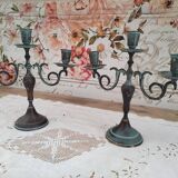 Set of 2 candlesticks 3 bobèches in patinated brass vert-de-gris