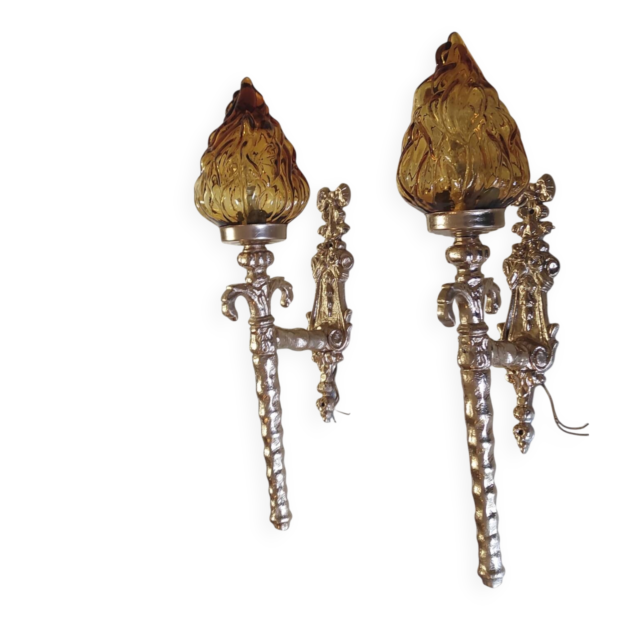 Torchère-style wall lights in cast aluminium and glass - mid 20th century.