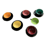 Coffee service composed of 5 cups and saucers in black earthenware and different colored interiors