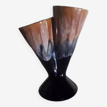 Vintage double neck vase in flamed stoneware
