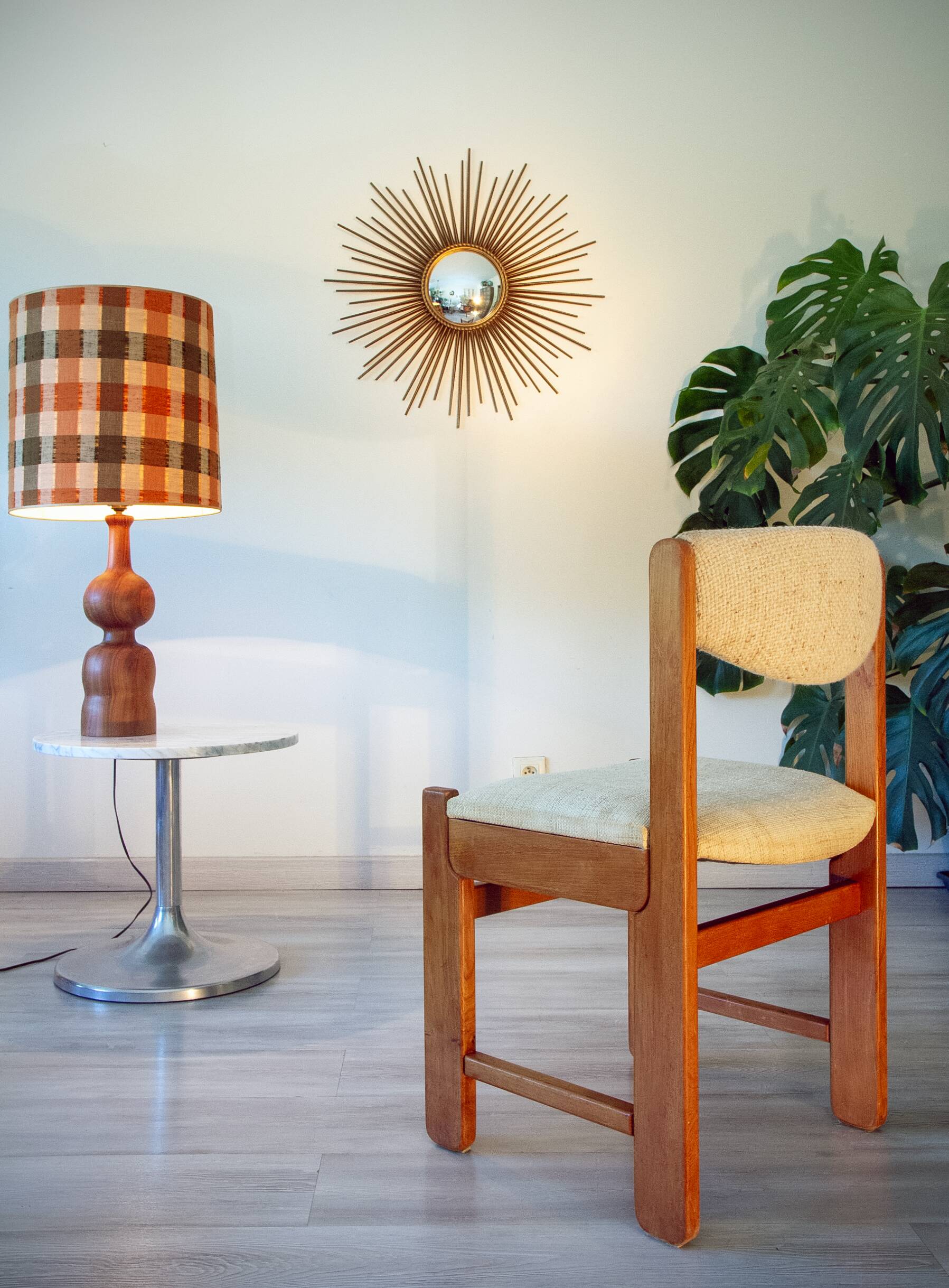 Chair in elm and wool, 1980s.