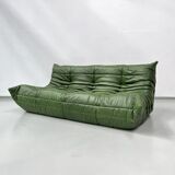 Togo 3-Sofa in Green leather attributed to Michel Ducaroy for Ligne Roset