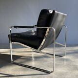 Vintage black leather armchair on metal base, 1980s