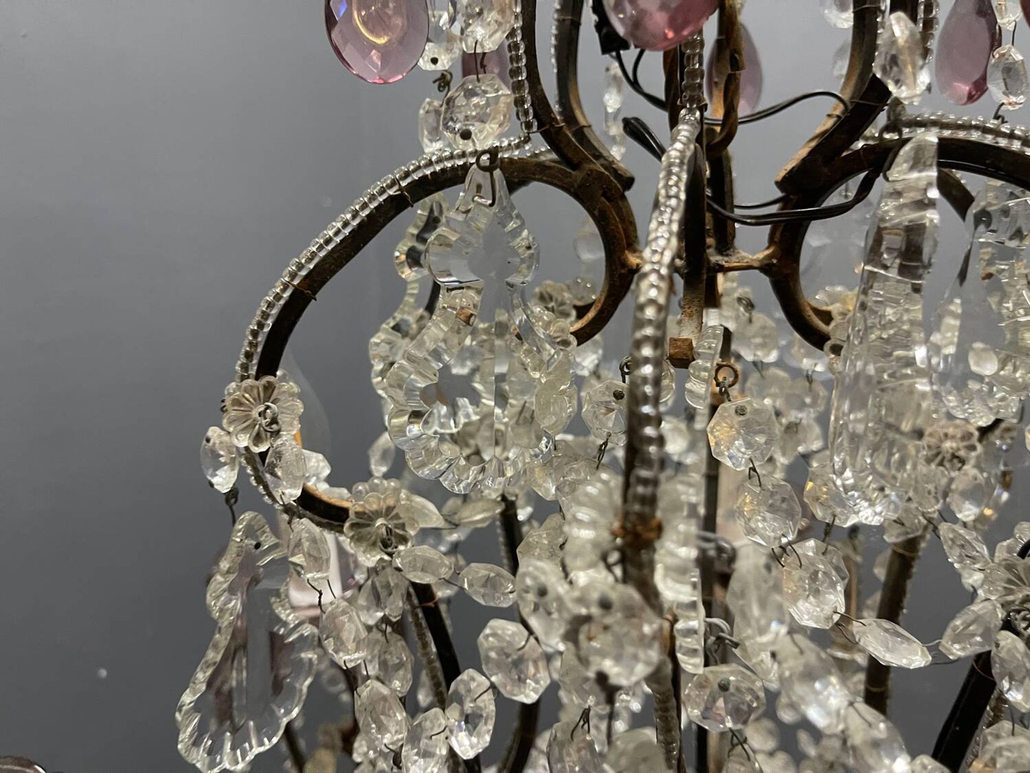 Vintage Italian Crystal Beaded Chandelier with Lilac Glass Bobeches, 1