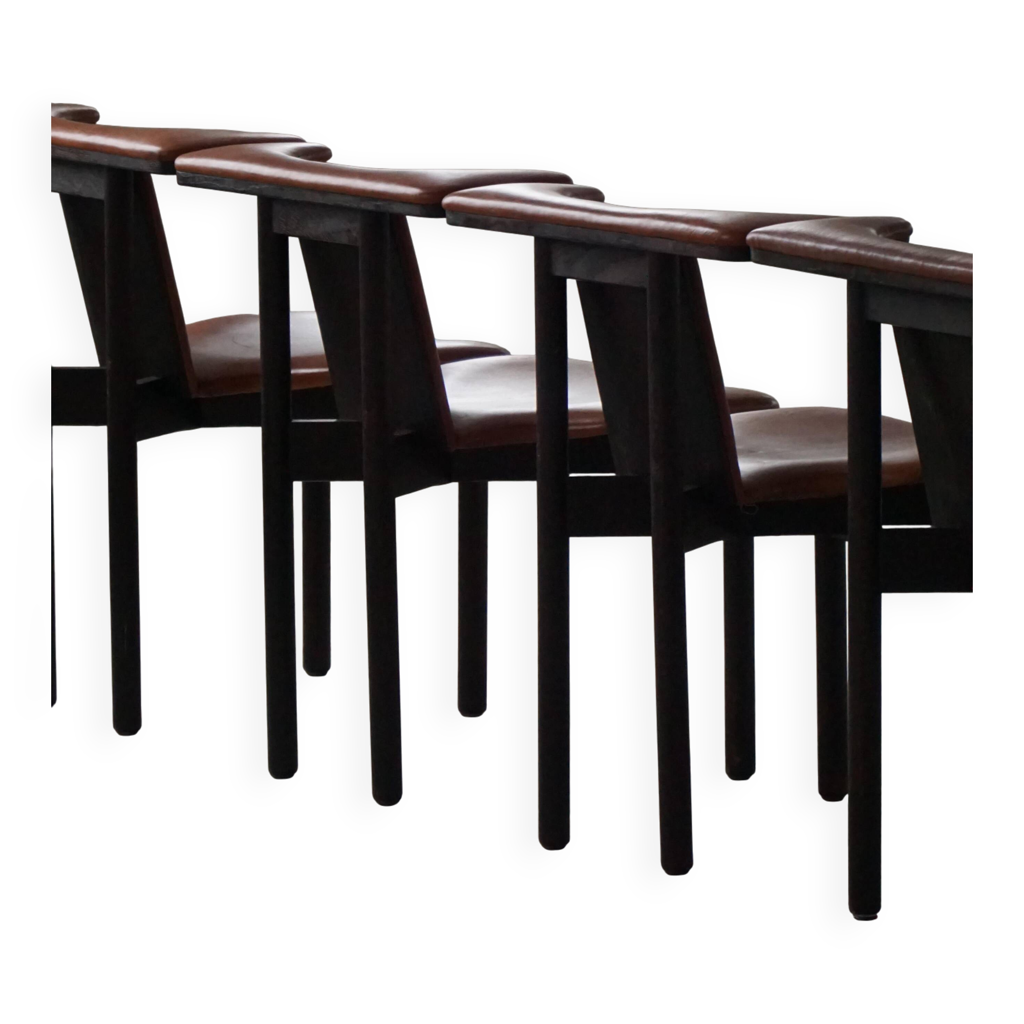 Hans Olsen, Set of 4 Frederik VII dining chairs, oak and leather, mid-20th century