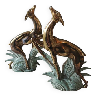 Zoomorphic Bookends/Springbok Antelopes. In golden regula on veined marble base