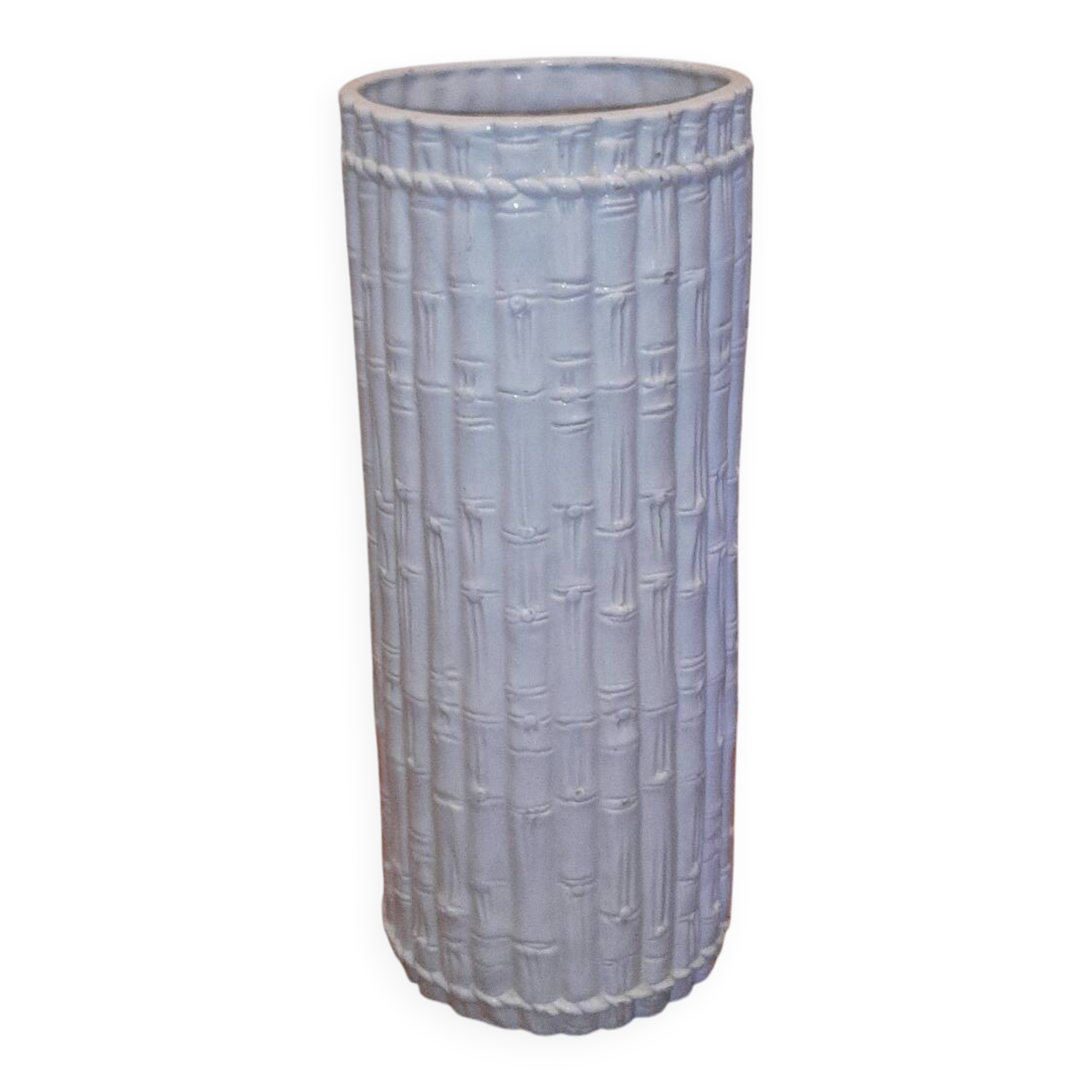 Porte-parapluie vintage italien en céramique blanche style bambou