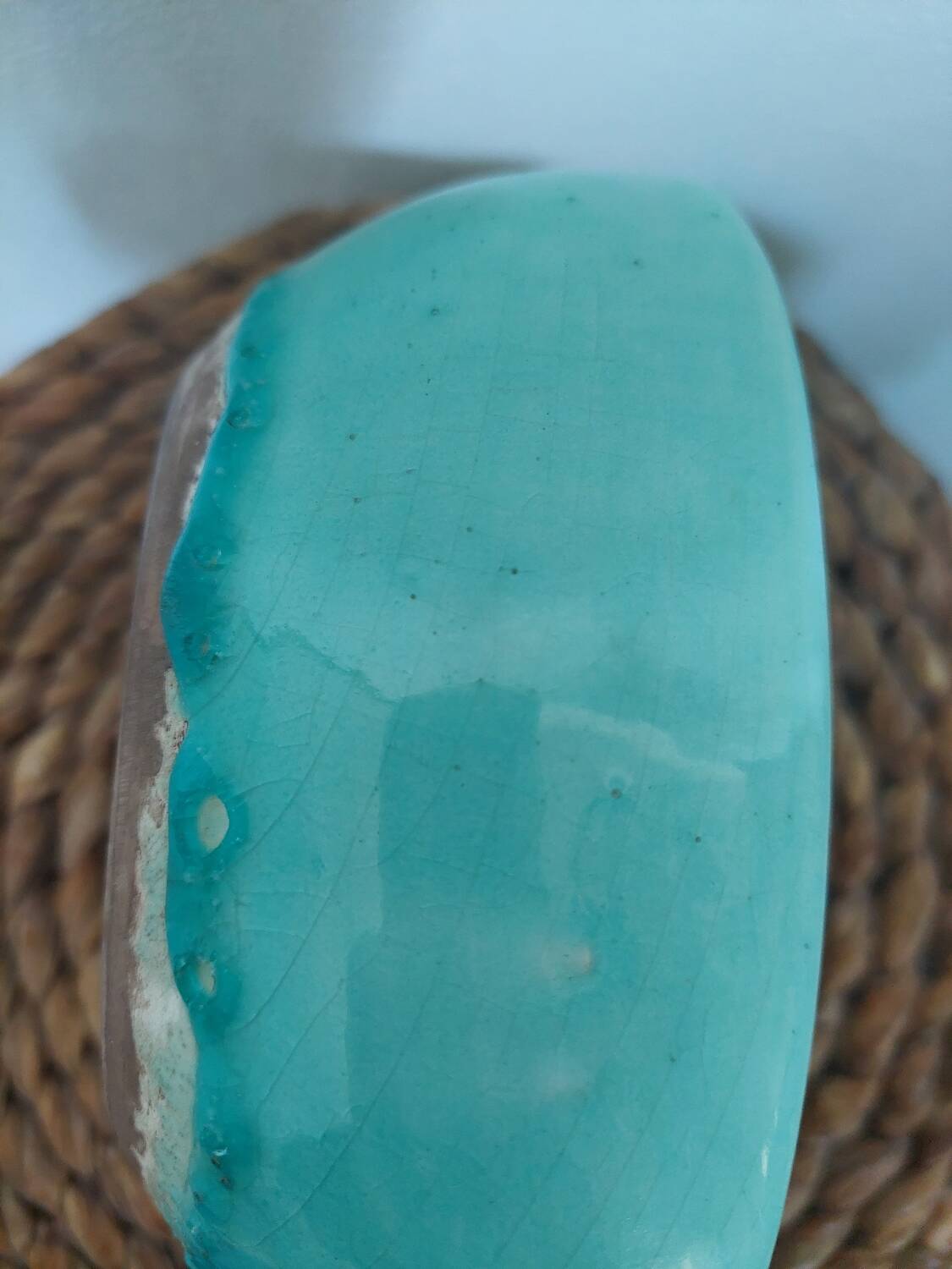 Art deco bowl signed Keramos in turquoise cracked ceramic