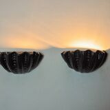 Pair of shell wall lights, black ceramic, Italy, 1970