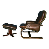 Scandinavian bentwood cantilever leather lounge chair with footrest, 1960s