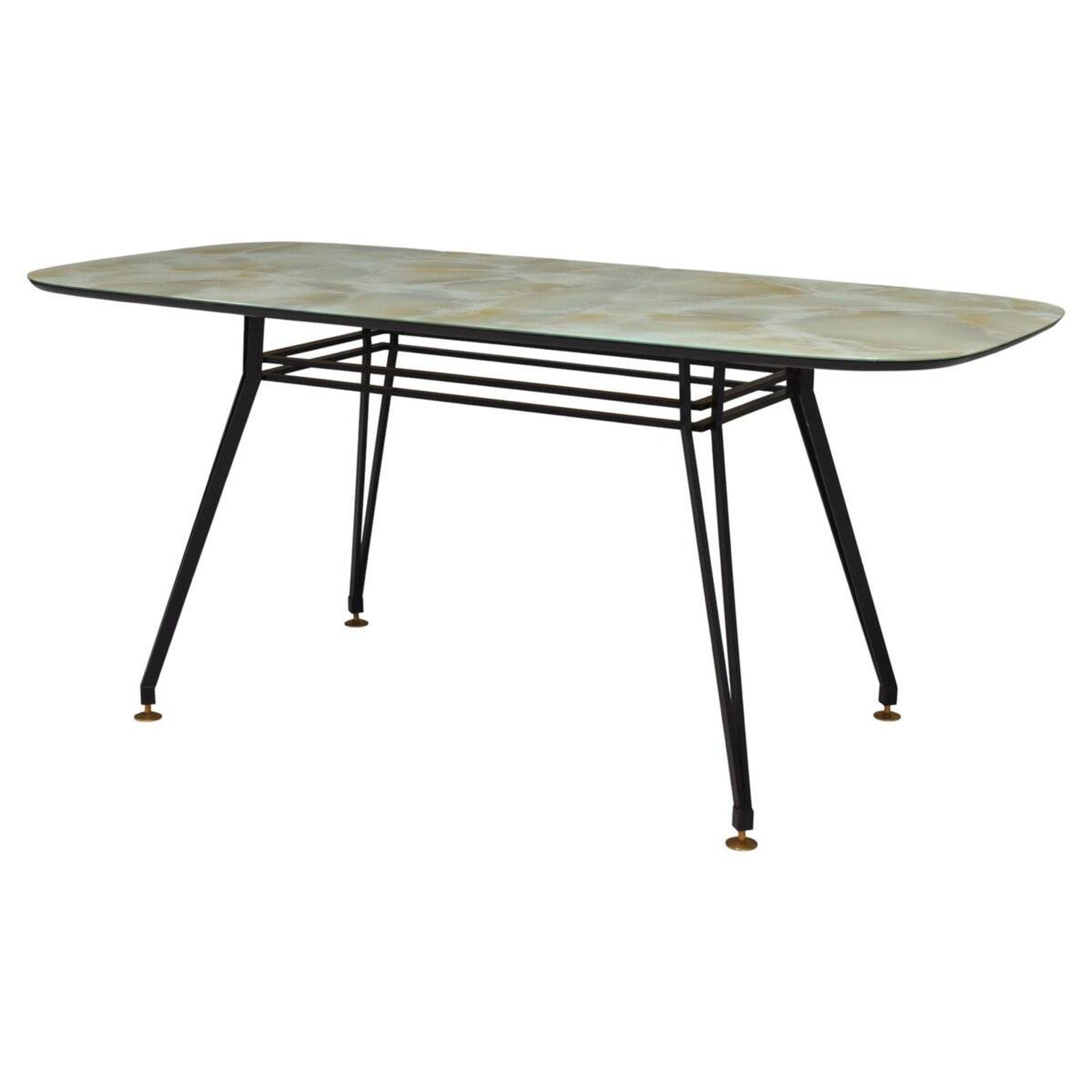Italian dining table with metal base and glass top and brass, 1950s