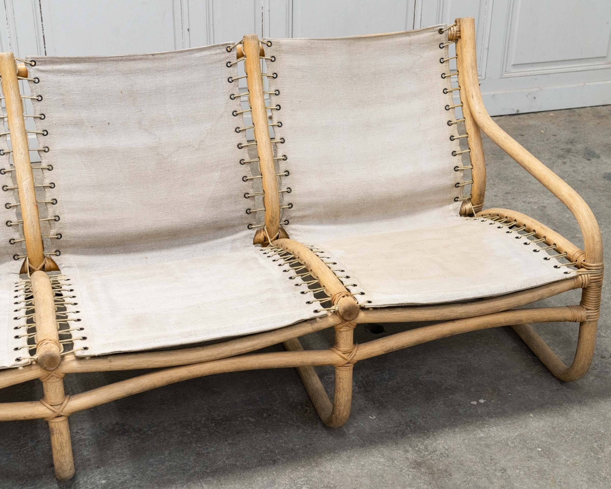 3-seater bench in rattan and thick cotton canvas