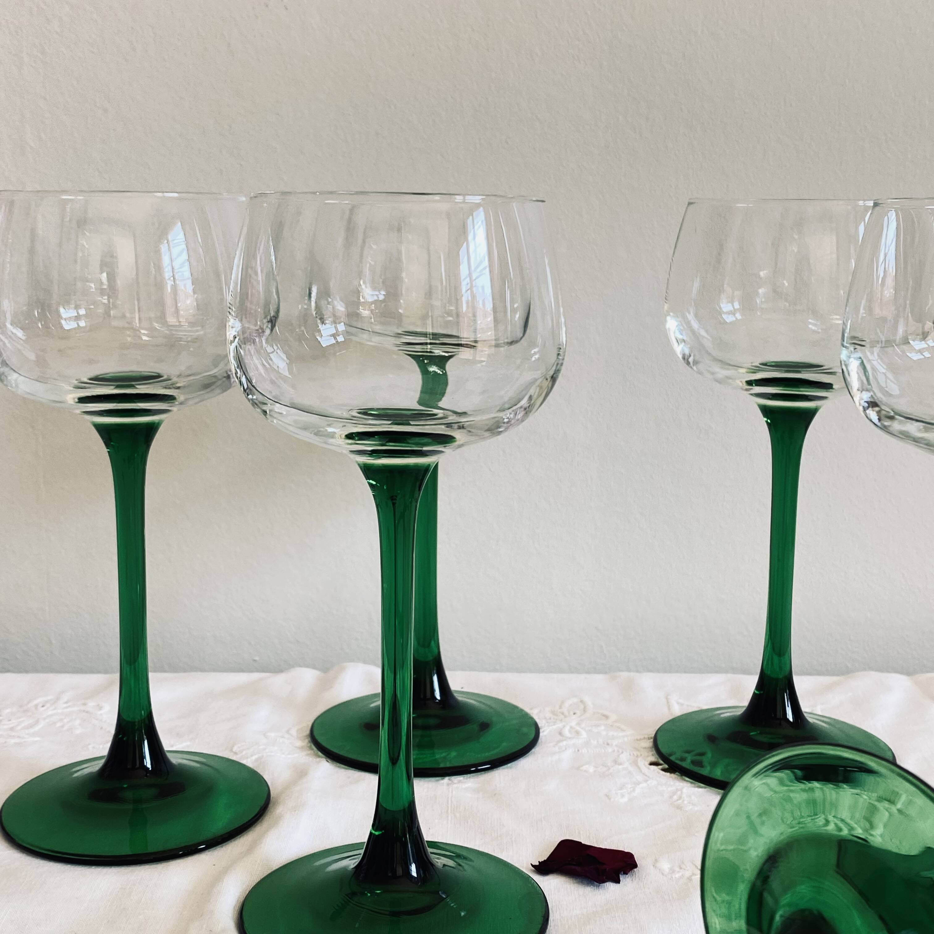 6 vintage Alsace white wine glasses with green stems, Luminarc