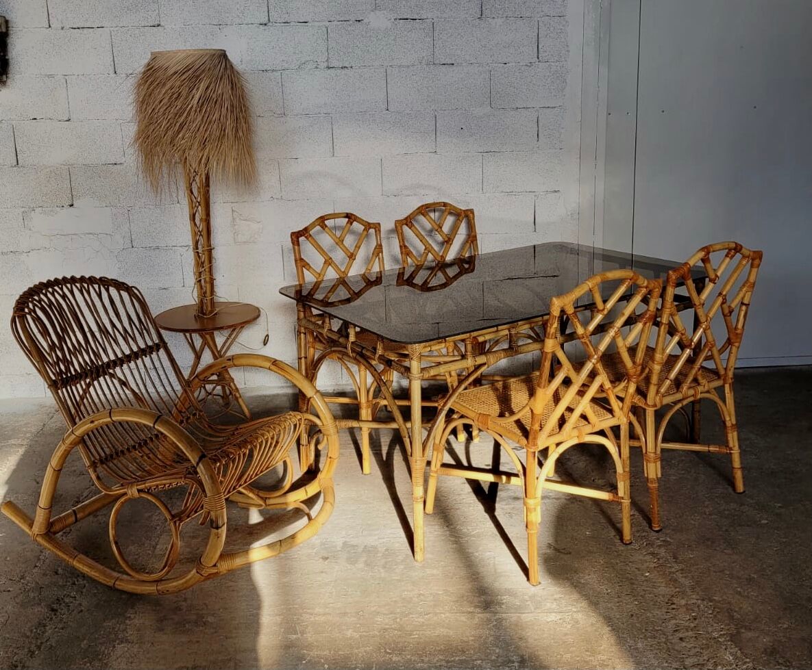 Table Dal Vera en bambou et rotin, design italien 1970