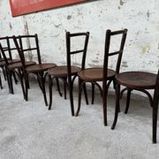 Set of 7 old Baumann bistro chairs in curved wood with round seat