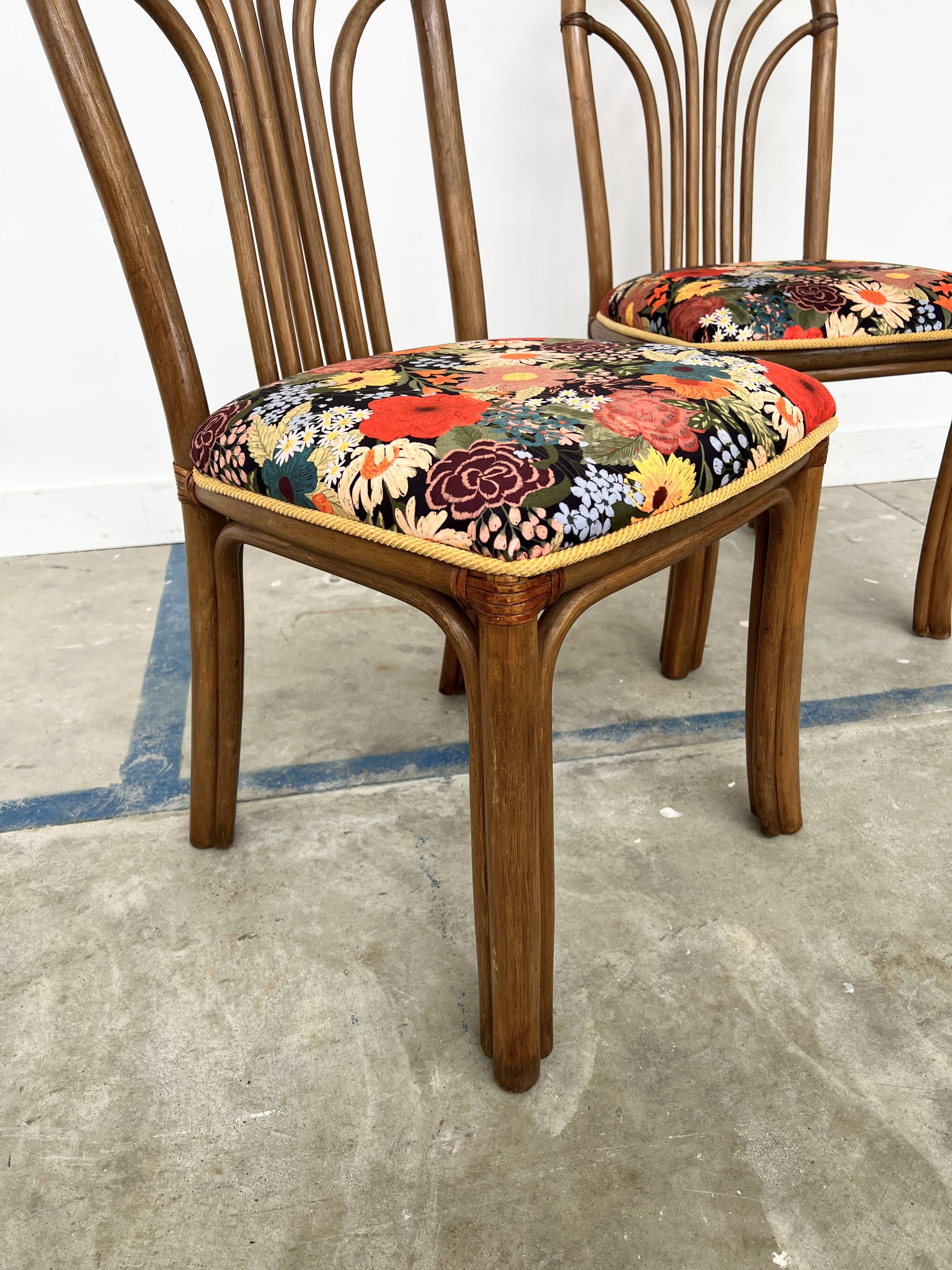 Set of 4 Rausch Rattan Curved Rattan Chairs - Floral Velvet Seats