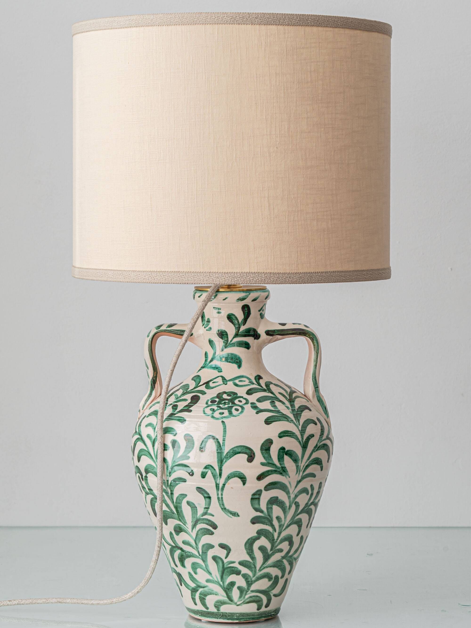 Spanish Revival Ceramic Table Lamp Pair from Granada, New Linen Lampshades
