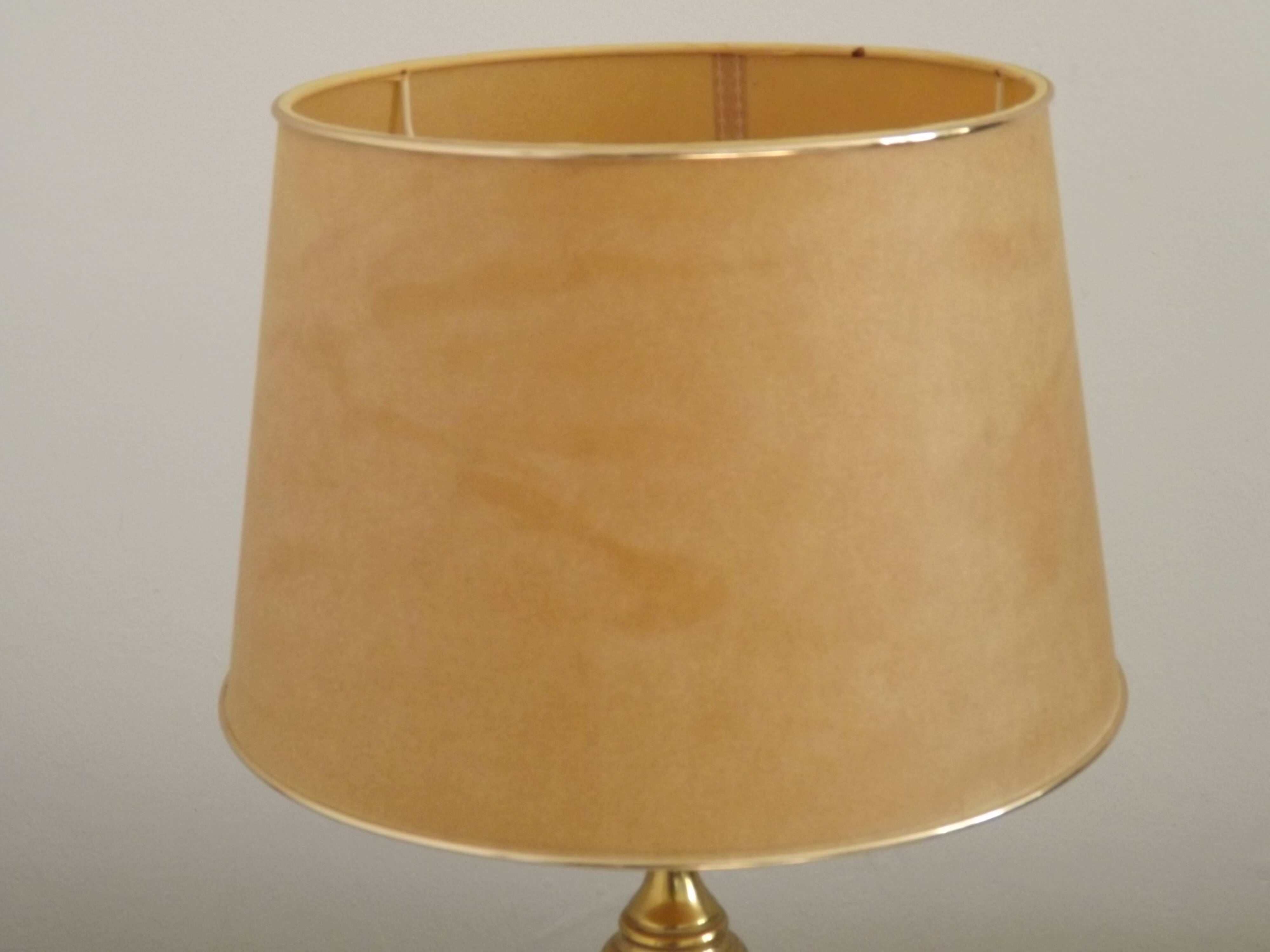 Vintage French Round Brass Table Lamp With Beige and Gold Shade