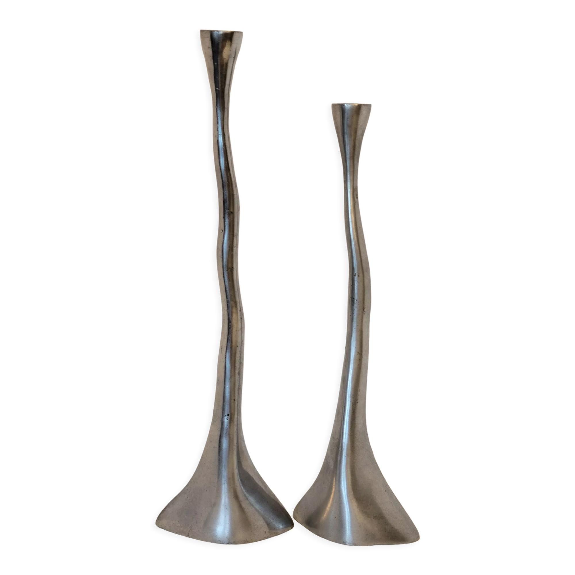 Pair of brutalist metal candlesticks in organic shape sleek design