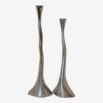 Pair of brutalist metal candlesticks in organic shape sleek design