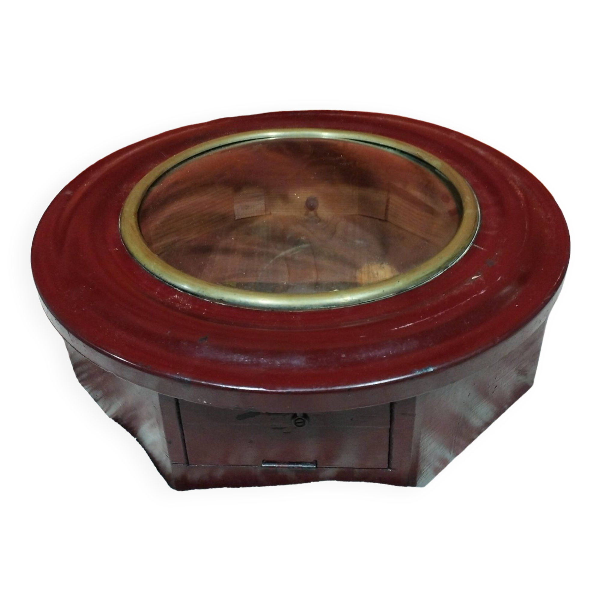 Small round bull's eye wall display case in wood and curved glass