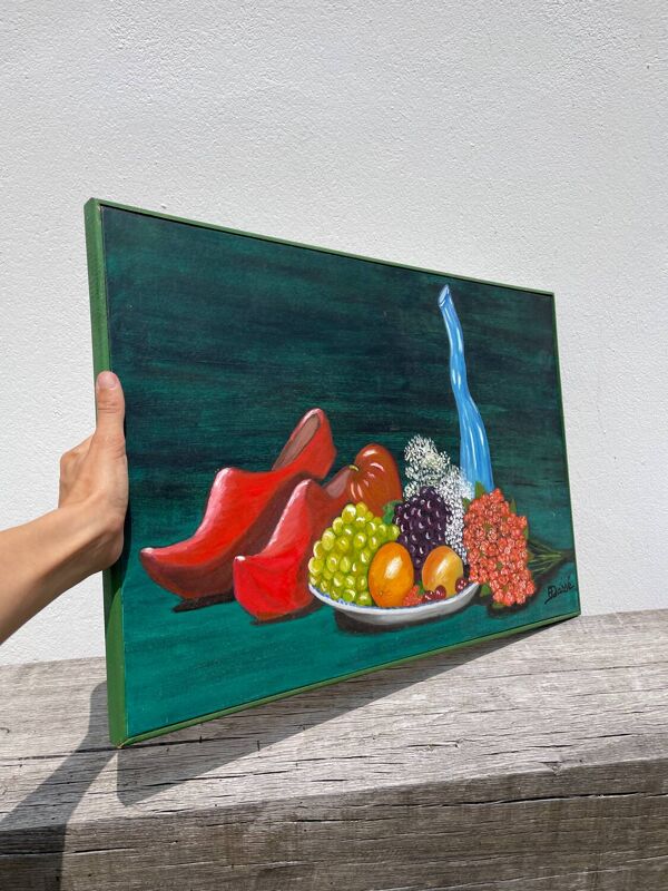 Nature morte au sabot et fruits / huile sur toile