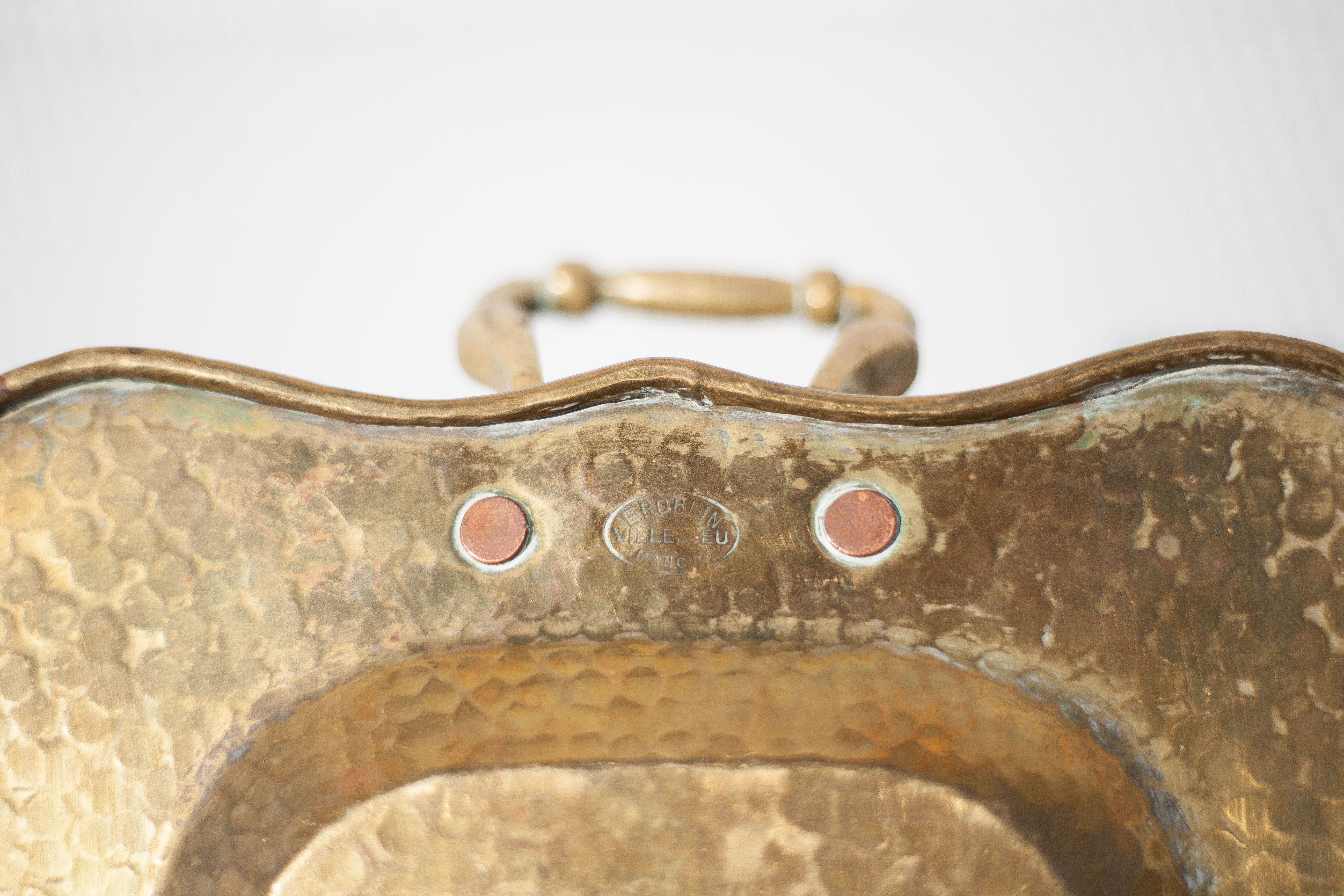 Vintage brass top, E.Roblin Villedieu Manche, handle tray, tableware, hammered top