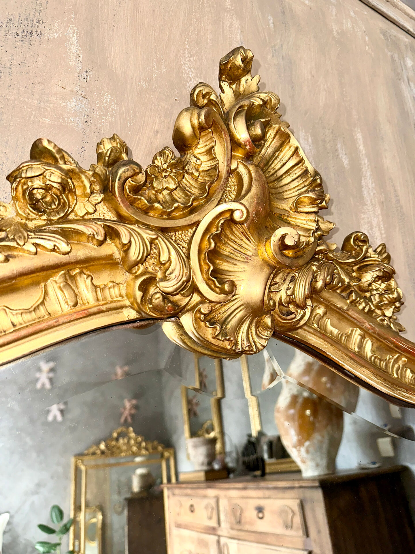 Antique gilded Louis XV pediment mirror