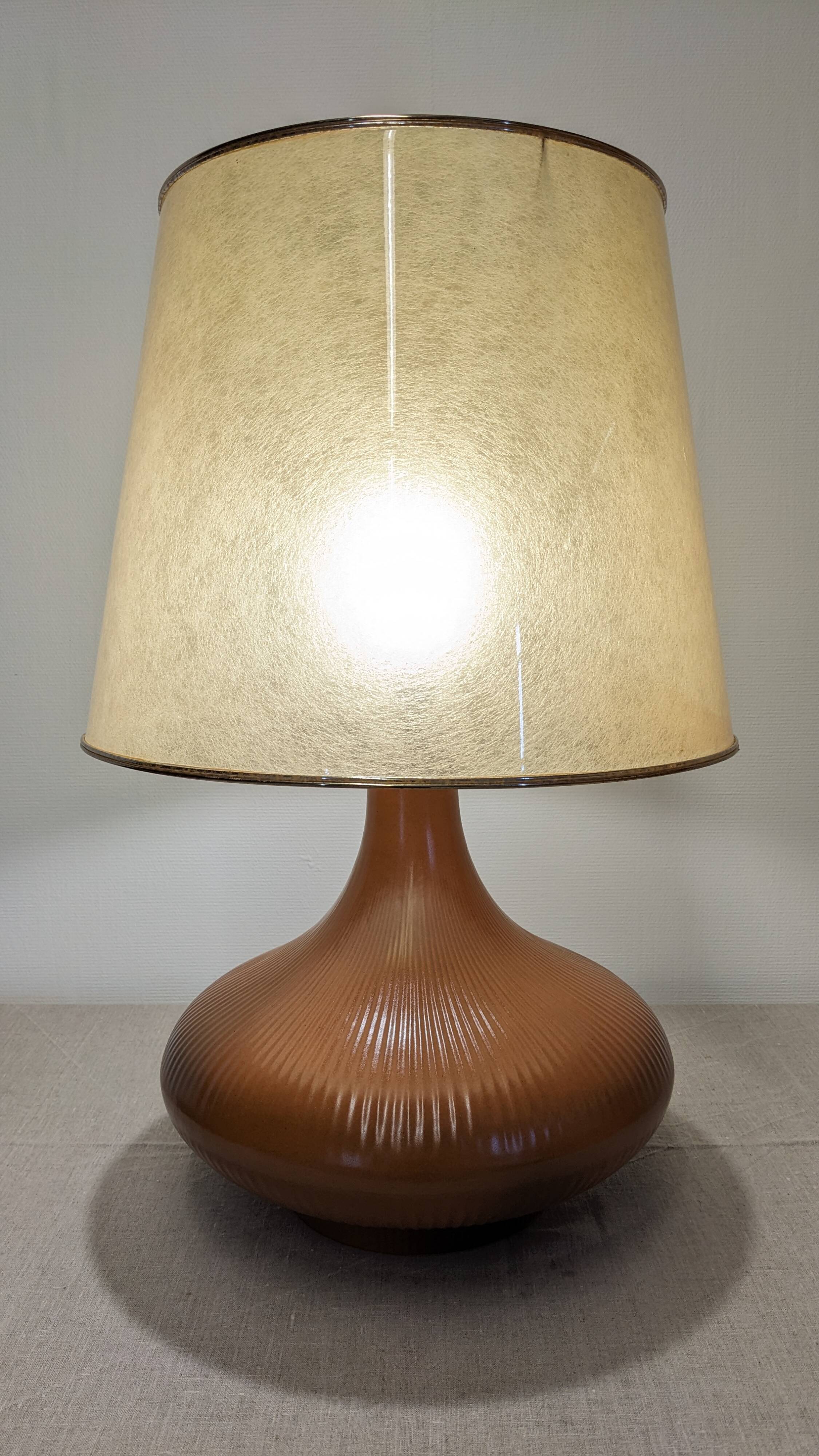 XL glazed ceramic living room lamp, France circa 1970
