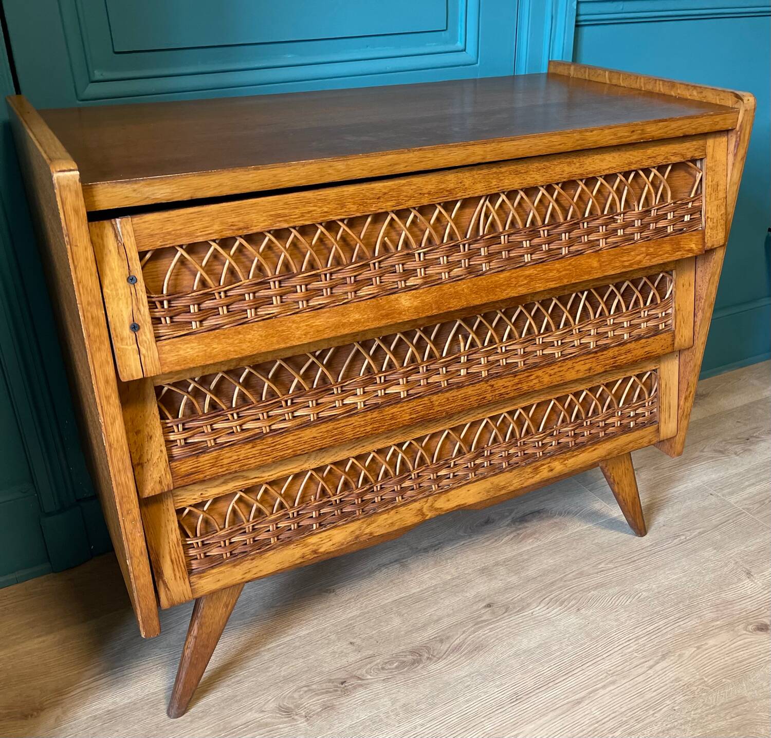 Commode vintage bois et rotin