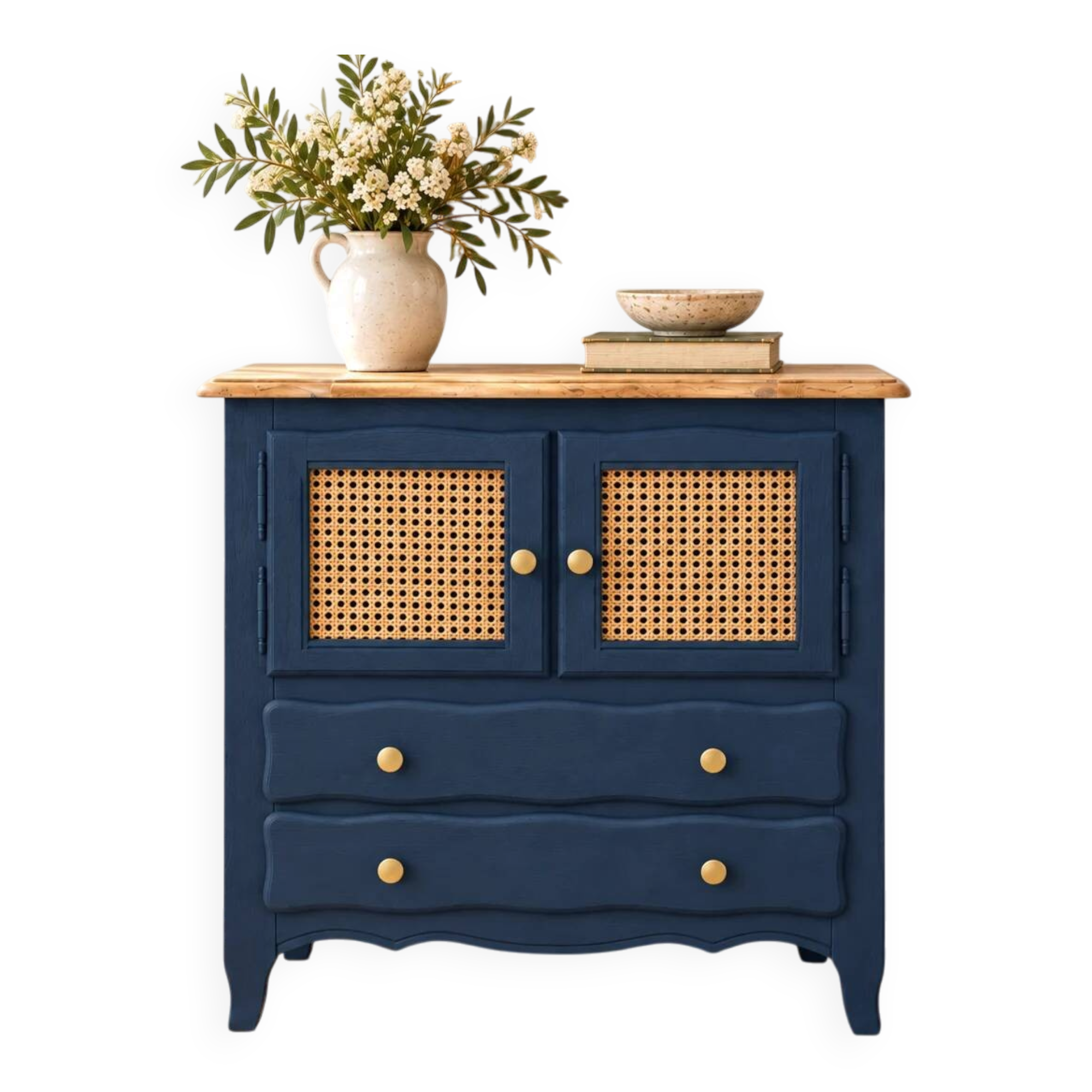 Small renovated vintage buffet in blue from Vosges, Libéron and caning – 2 doors, 2 drawers