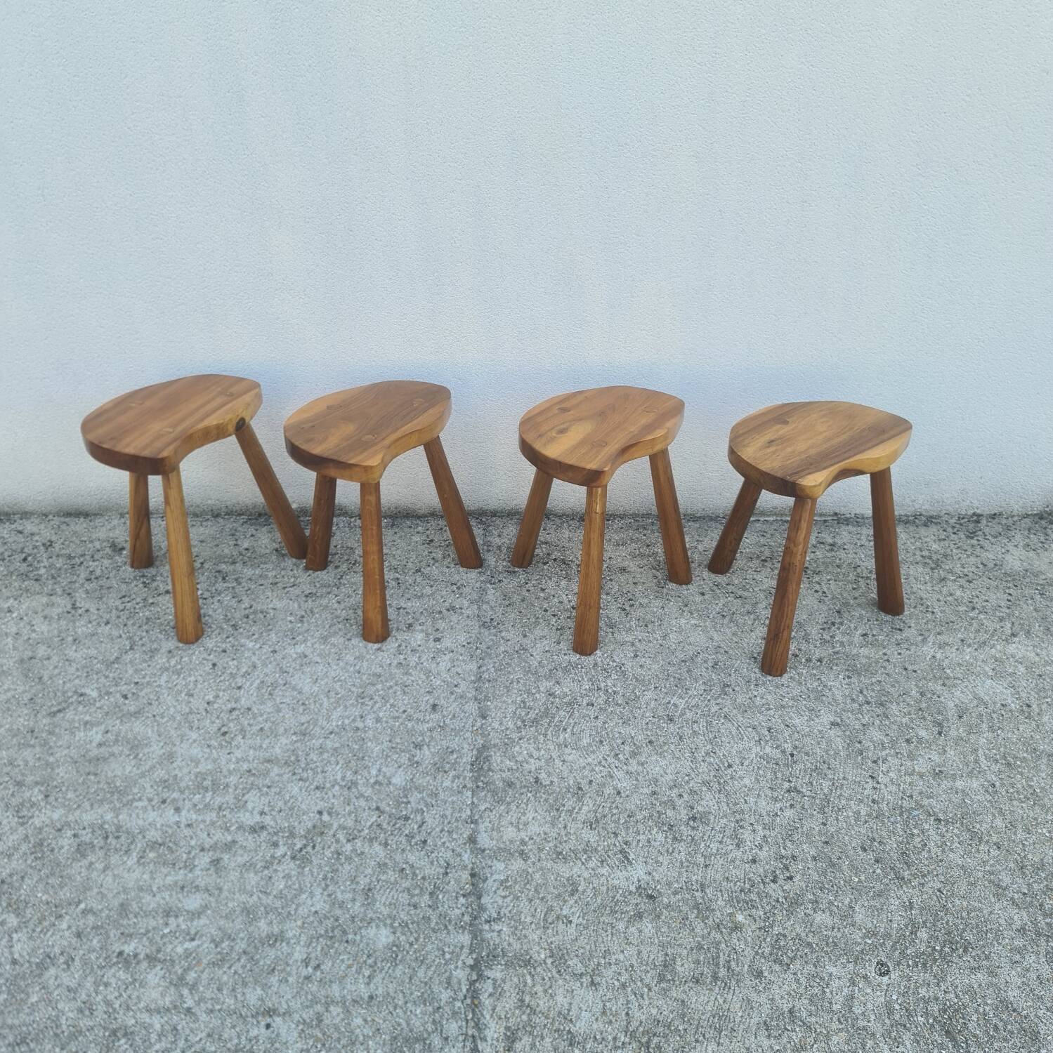 4 Vintage tripod stools, solid wood, brutalist, circa 1960