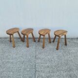 4 Vintage tripod stools, solid wood, brutalist, circa 1960