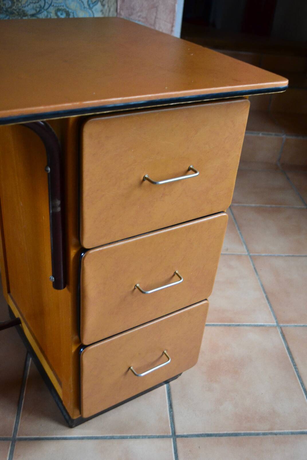 Beech desk with orange faux leather, 3 drawers, 1960s-70s.