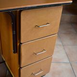 Beech and orange leatherette desk with 3 drawers, 60s/70s