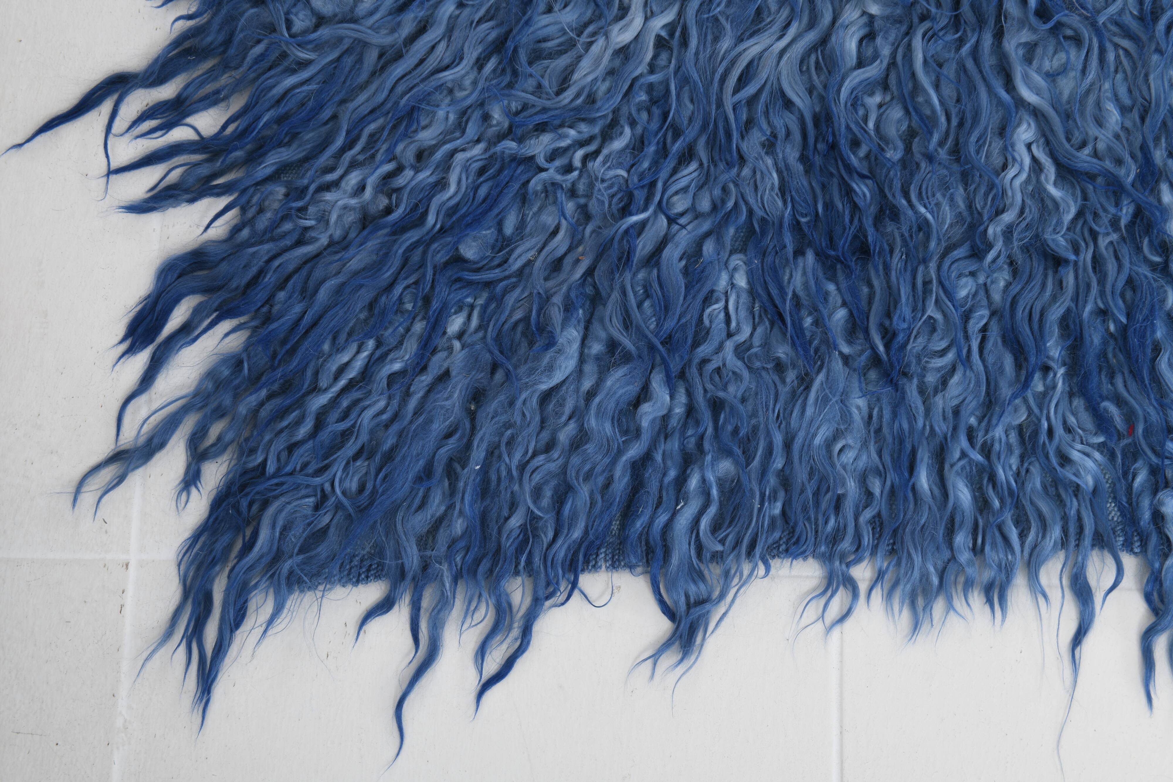 4x9 handmade wool blue vintage rug, 122x266cm