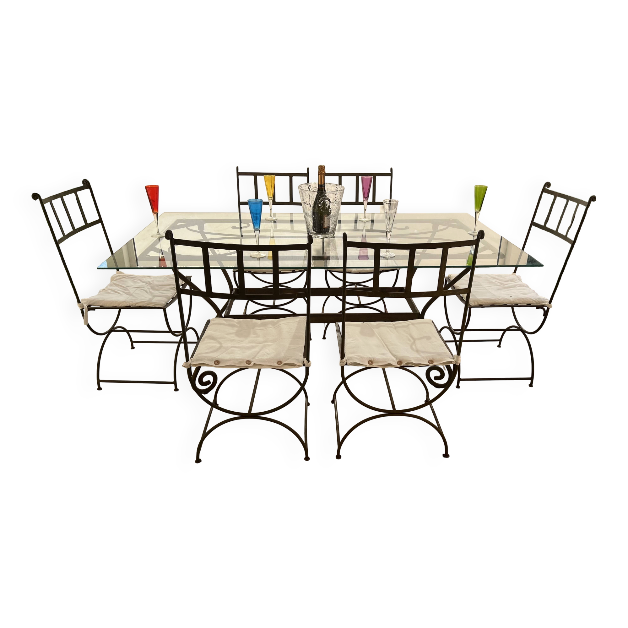 Table de terrasse plateau en verre + 6 chaises en fer forgé