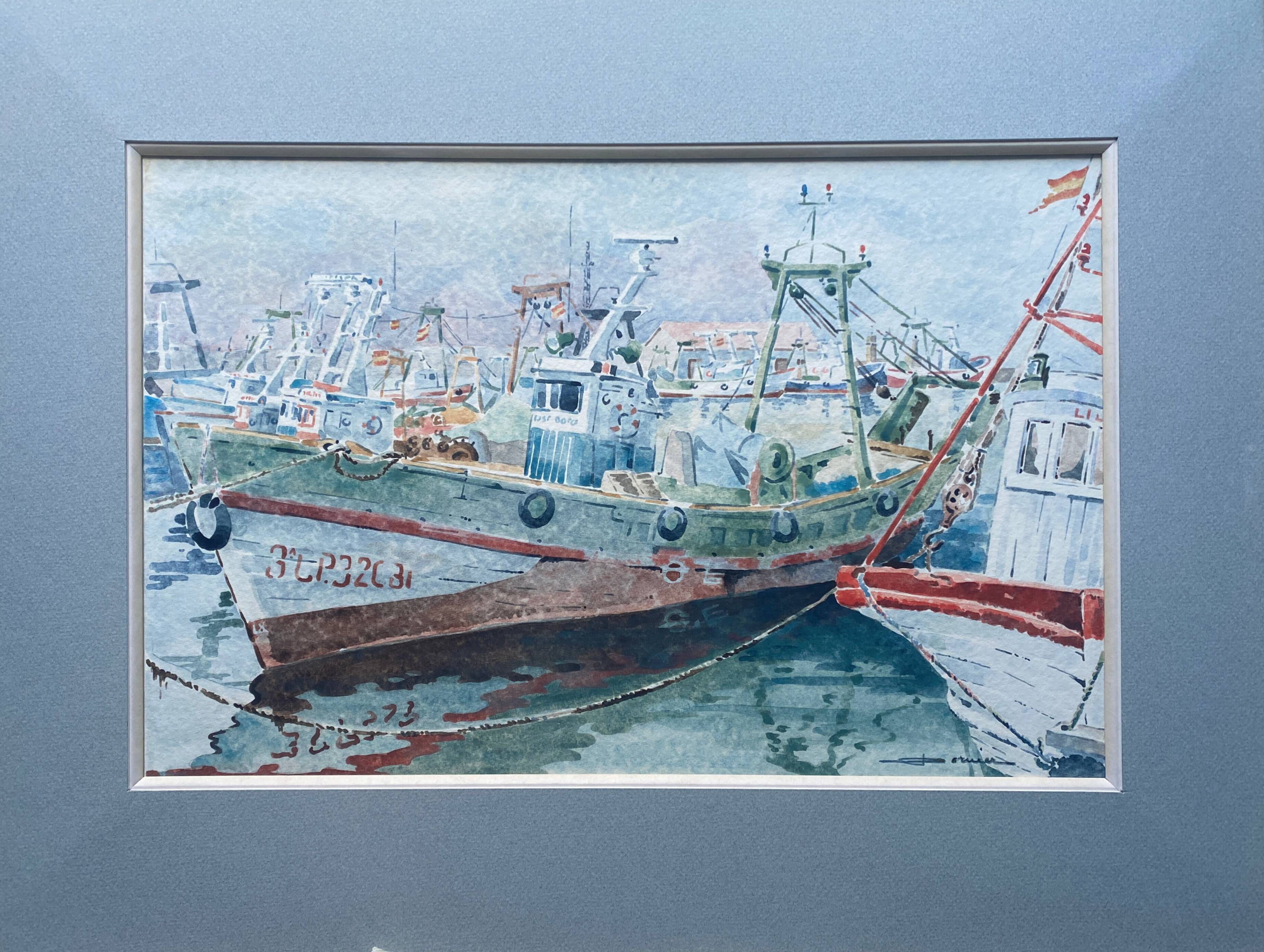 Watercolor painting signed Dornier (?) "Boats at the port of Vuaros" Spain
