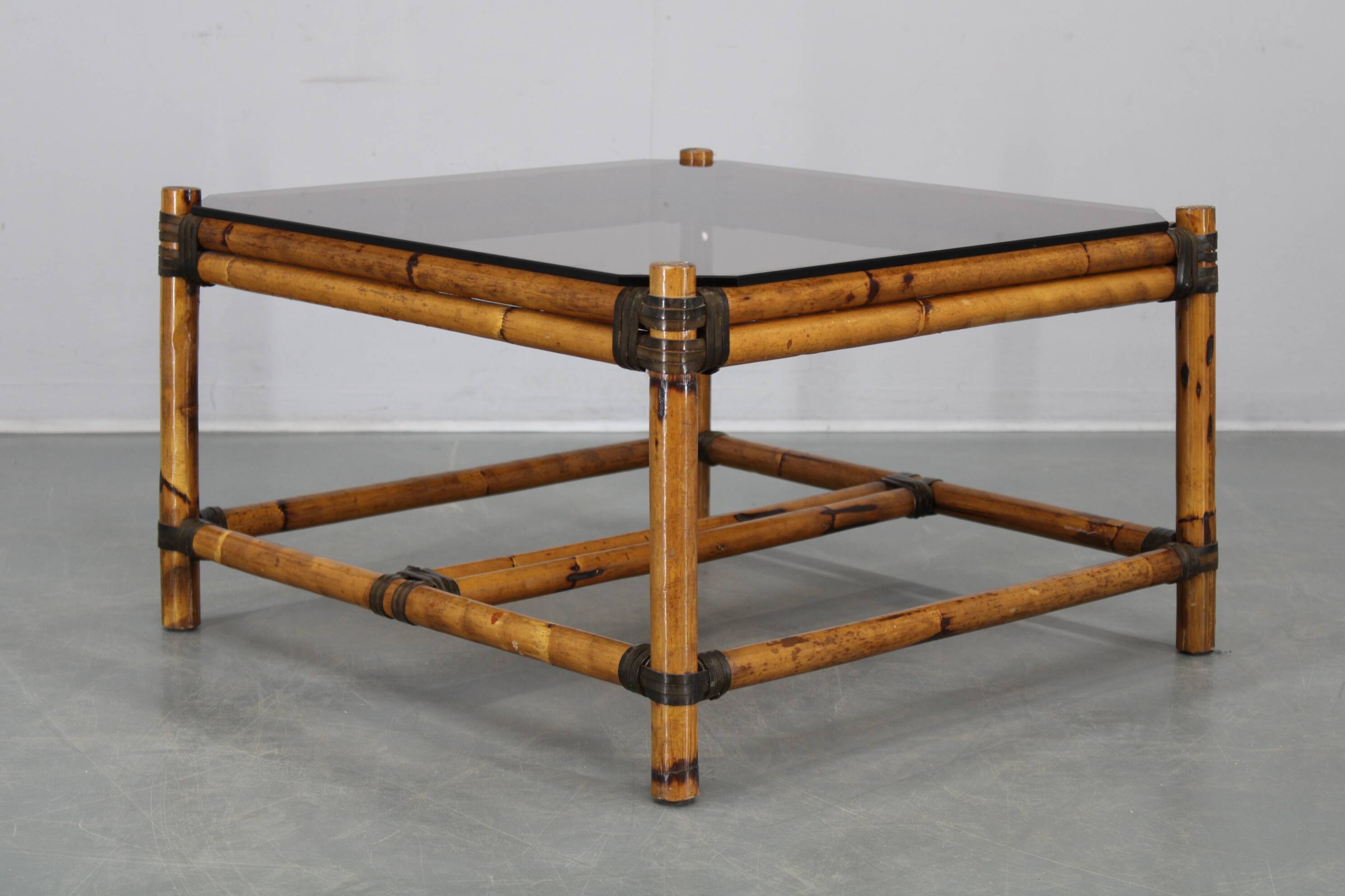 Vintage bamboo coffee table with smoked glass top