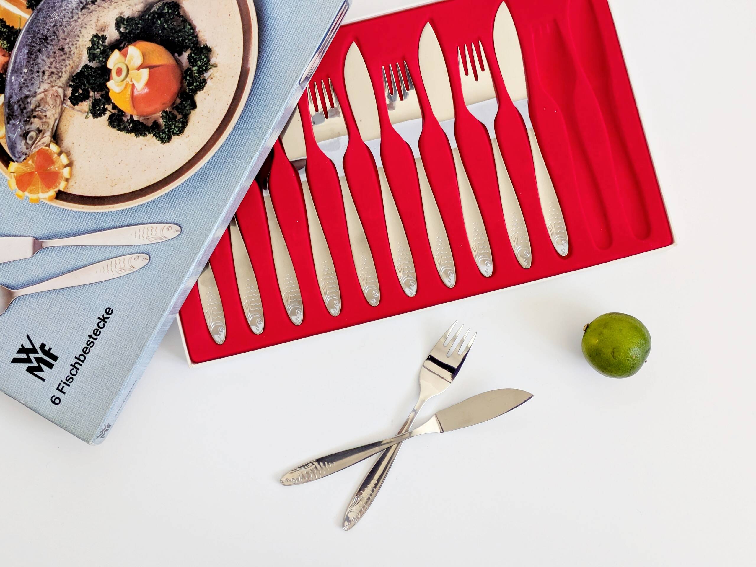 Service à poisson 12 pièces WMF inox avec coffret, années 60