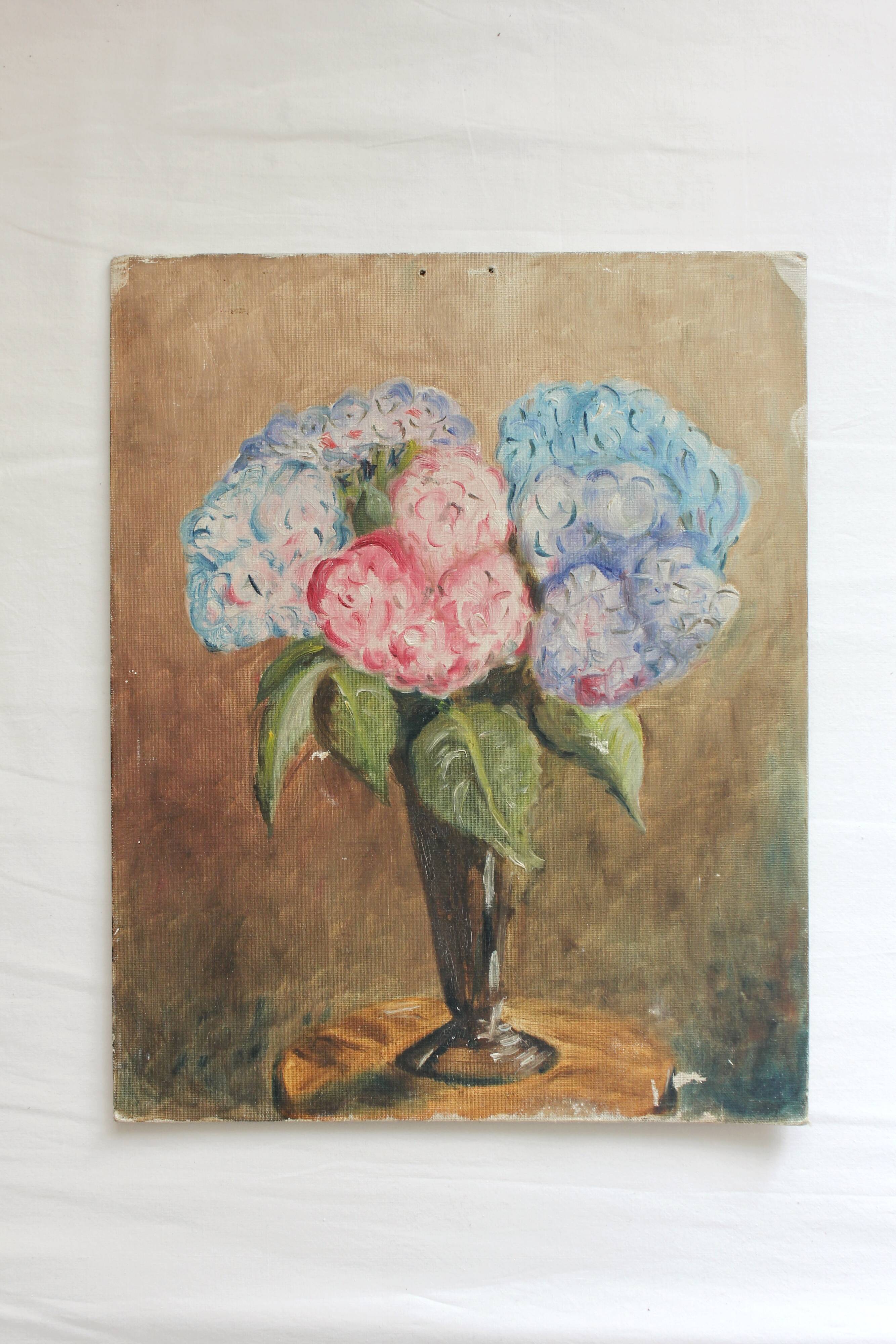 Antique oil painting on cardboard, bouquet of flowers