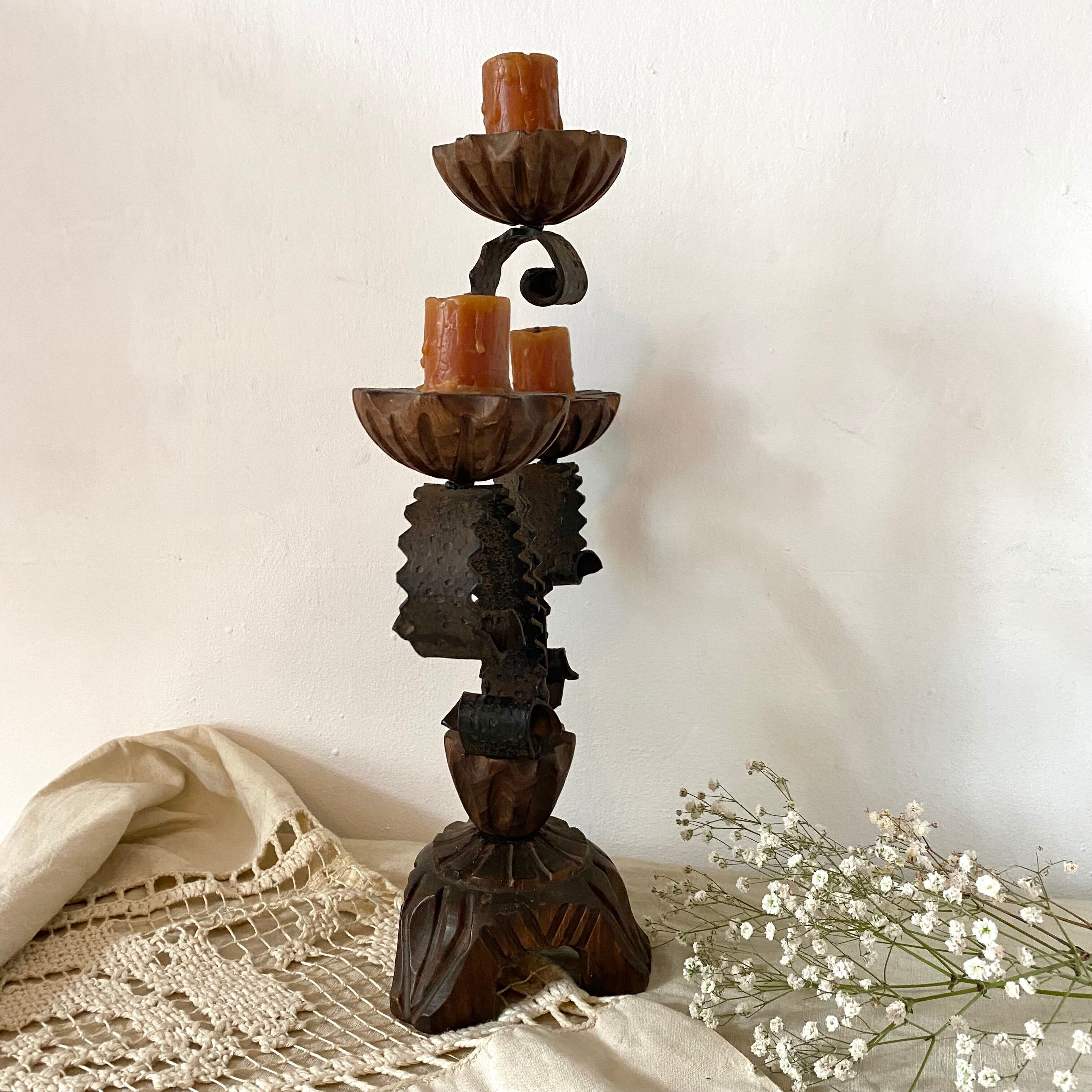 Vintage wooden and wrought iron chandelier
