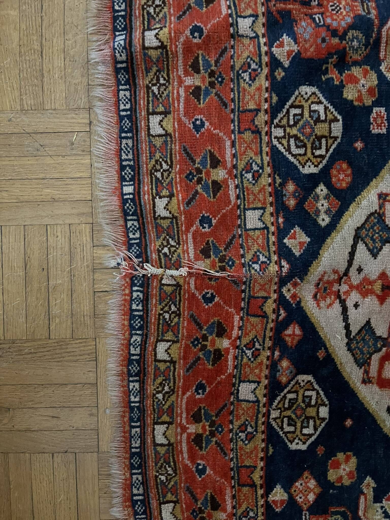 Antique handmade Persian Qashqai nomadic rug – blue background 94x112cm