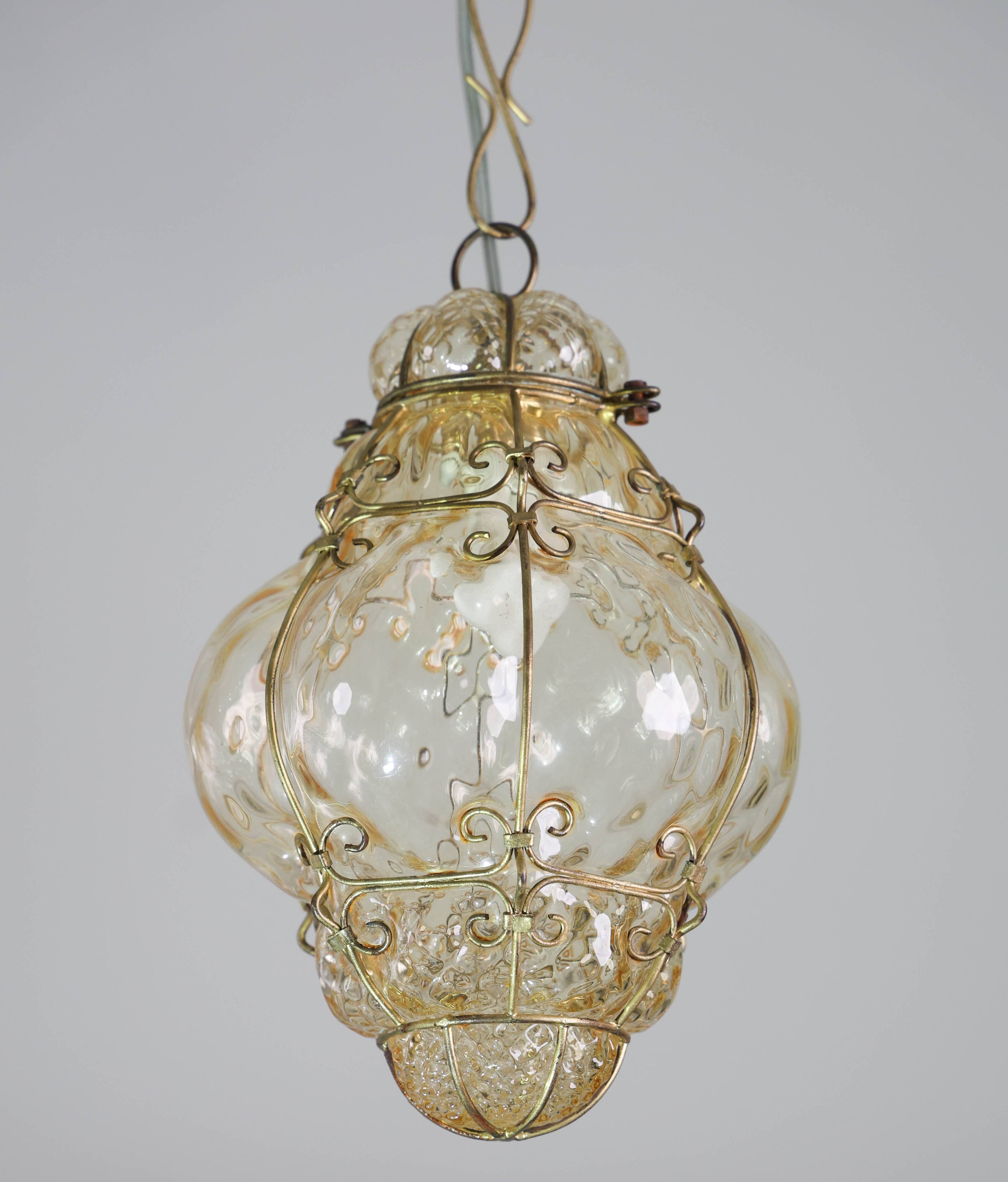 Set of 2 Wonderful Amber Vintage Venetian Lantern, Murano Glass, Italy, 1950s