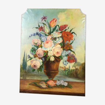Peinture du XIXe " Bouquet de fleurs " de Boiserie