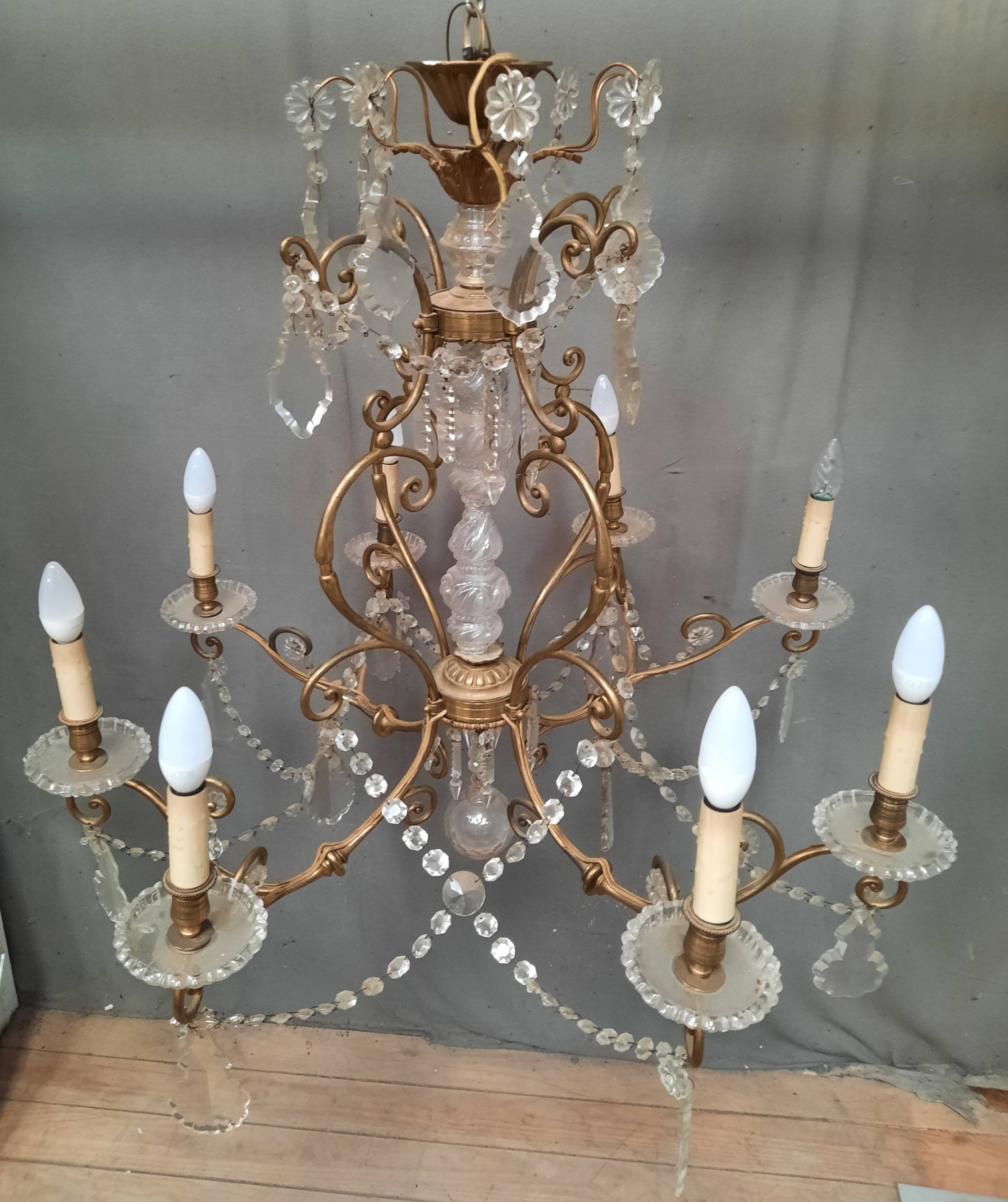 Large brass and glass chandelier
