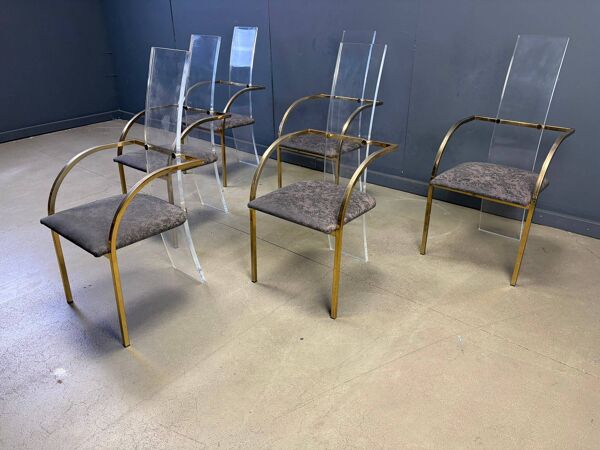 Chaises de salle à manger en plexiglas et laiton par Belgochrom, ensemble de 6 - années 1970