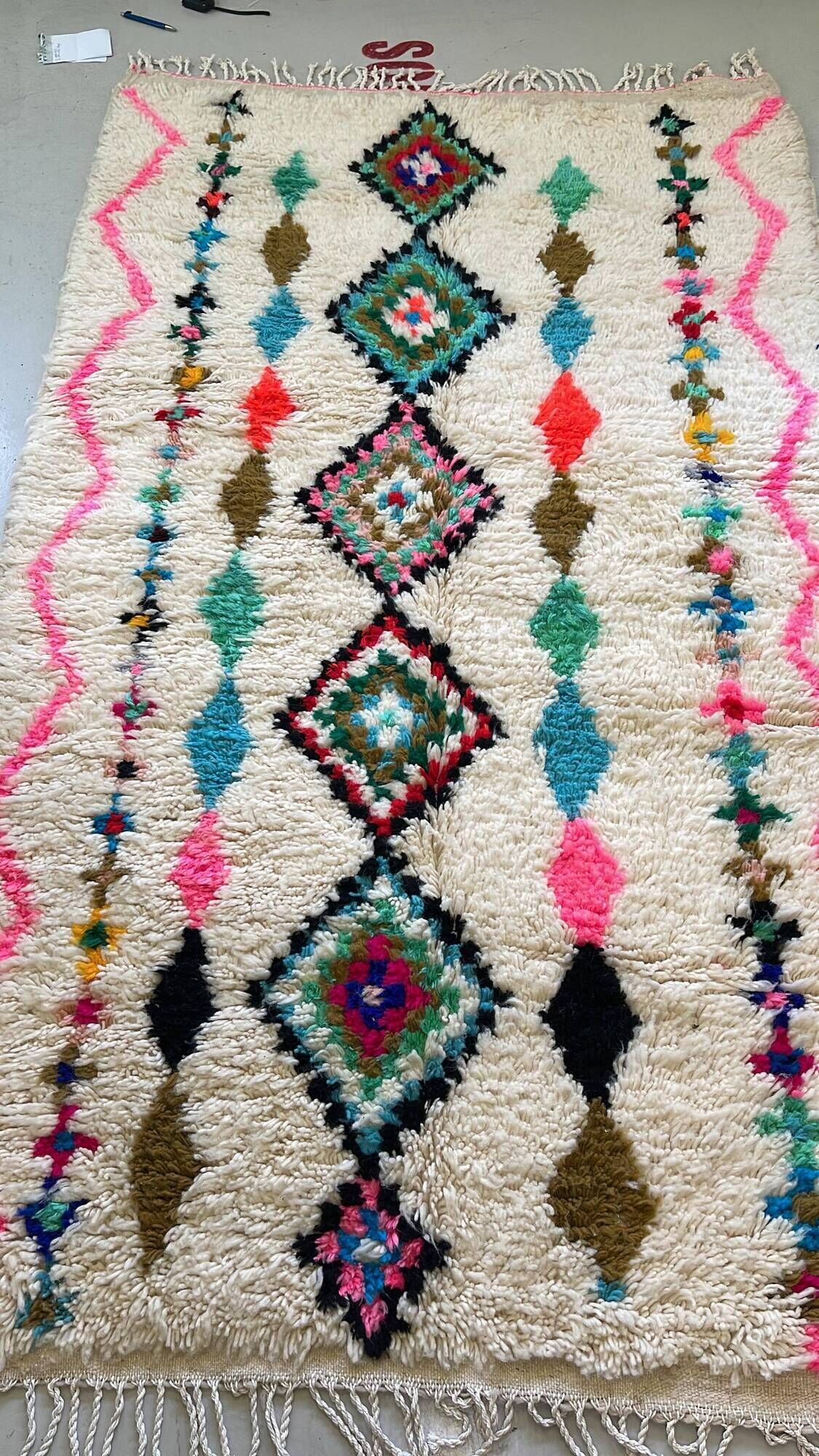 Moroccan Berber rug in ecru with multicoloured diamonds and bright pink – 240 × 139