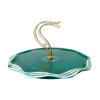 Cheese platter French manufacture Verceram / Ceramics of Art / Green Barbotine, golden handle